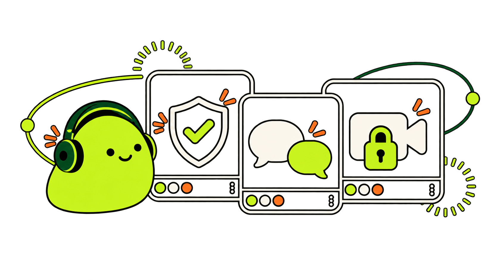 Un avatar junto a guías de seguridad, conversación y privacidad.